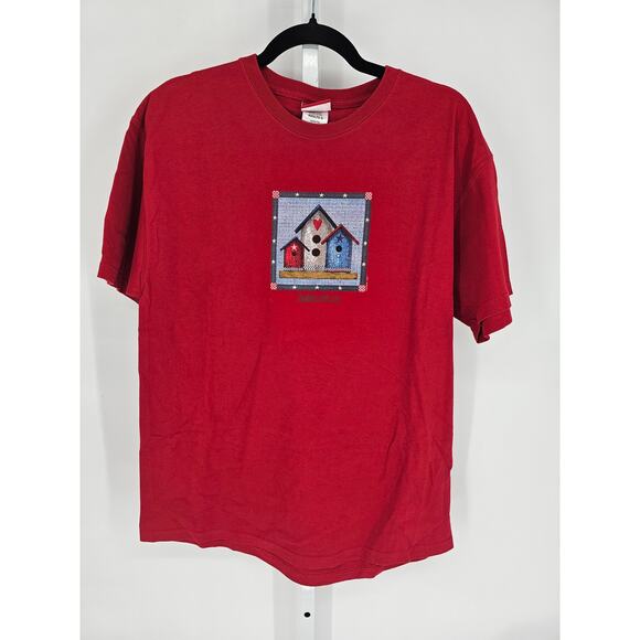 Vtg SONOMA Women's Red Short Sleeve Birdhouse Crew Neck Cotton Top Size L - Picture 1 of 4